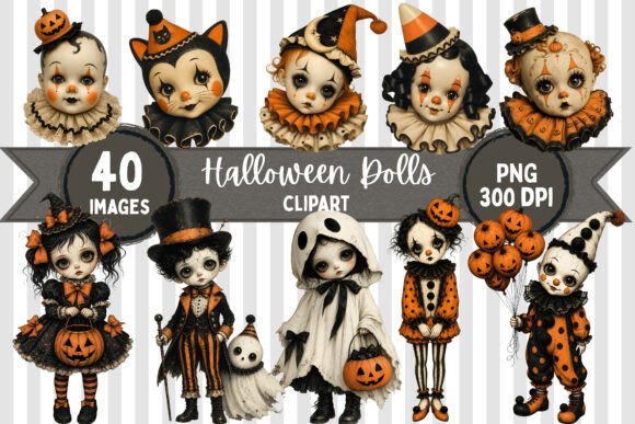 Download Vintage Spooky Halloween Dolls Clipart - Halloween Collection