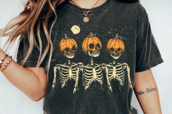 Download Vintage Halloween Skeleton Pumpkin Head Retro Spooky Gothic Aesthetic T-Shirt Design Png - Halloween Collection